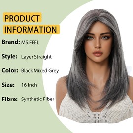 Layered Wigs For Women Shouler Length Wear and Go Glueless Straight Wig with Bangs Natural Looking Heat Resistant Synthetic Wigs for Daily Party Use (Black Mixed Gray, 16 Inch)