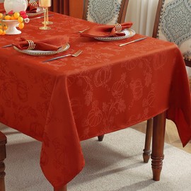 Fall Tablecloths for Rectangle Tables Jacquard Thanksgiving Table Cloth with Pumpkins and Vines Stain Resistant Table Cover for Autumn Harvest, Dining, Party Decor (52 x 70 Inch, Red Rust)