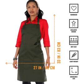 Under NY Sky Chef Apron - Professional Green Twill - Cotton Straps - Smart Pockets - Adjustable for Men and Women - Pro Chef, Cook, Kitchen, Baker, Barista, Bartender, Server Aprons