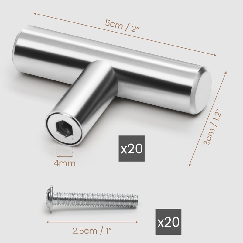 BELLE VOUS Kitchen Cupboard Handles (20 Pack) - 50mm T-Bar