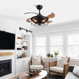 CROSSIO 48" Retractable Ceiling Fans with Lights, Black Caged Ceiling Fan with Remote, Industrial Fandelier Fan with Reversible Blades Farmhouse Ceiling Fans with Lights for Living Room, Bedroom