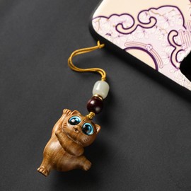 Mansiyuyee Handmade Green Sandalwood Dancing Cat Cell Phone Charm, Cute Kitty Keychain Strap Accessories for Bag or Backpack