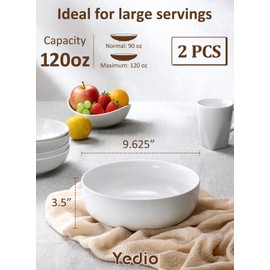 Yedio Pasta Serving Bowls 120 Ounce 9.7” Large Serving Bowls, Porcelain Salad Bowls for Kitchen, Big White Soup Bowls, Oven Dishwasher Safe, Set of 2