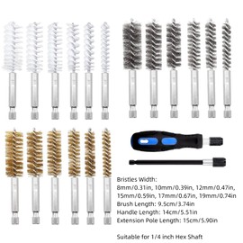 18-Pack Bore Brush Set with Handle, Extension Bar, Tool Bag Stainless Steel, Brass, Nylon Wire Brush for Power Drill Cleaning, 8mm-19mm Pipe Cleaning Brush Set with 1/4" Hex Shank
