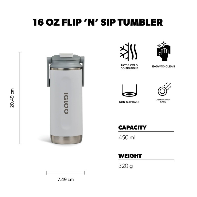 Igloo, 16 oz FlipNSip Tumbler, Reusable Travel Mug, Stainless Steel