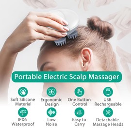 ORIA Electric Scalp Massager, Portable Head Massager, Rechargeable Head Scratcher with 4 Removable Massage Claws, 96 Massage Nodes, for Women Men Stress Relief, Full Body Relaxation, White