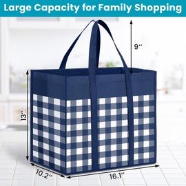 WOWBOX Reusable Grocery Bags,4-Pack, Foldable Reusable Shopping Tote Bags bulk with Reinforced Handles,Large Storage Bags with Water Resistant Coating for Groceries,Multipurpose,Blue-White