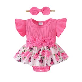 Aenbilo Baby Girl Clothes 3-6 Months Summer Outfit Romper Butterfly Flowers Print Skirt Ruffle Sleeve Cute Bow Headband Bodysuit Set Rose Red 3-6 Months