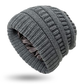 Camelliass Women Knitted Beanie Hat Satin Lined Winter Warm Cap (Dark Grey)
