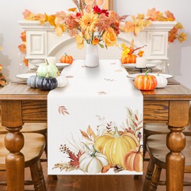 Bonhause Autumn Pumpkin Leaves Table Runners for Kitchen Dinning Table Decoration, Fall Harvest Thanksgiving Table Runner for Indoor Outdoor Home Holiday Party Decor(33 x 183 cm)