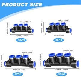 cersaty 20 Piece 5-Way Pneumatic Connector Set, Pneumatic Connector for Quick Connection of Air Lines Pneumatic Connection (6 mm/8 mm/10 mm/12 mm)