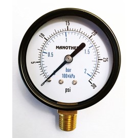 Industrial Pressure Gauges,2-1/2" Dial, 0-30 Psi/Kpa/bar Range, 2.5% Accuracy, 1/4" Male NPT Connection,Lower Mount,Brass Internal Parts,Black Steel Case