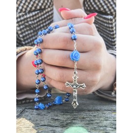 Nazareth Store Blue Pearl Beads Rosary Prayer Handmade Necklace Our Rose Lourdes Medal and Jesus Cross