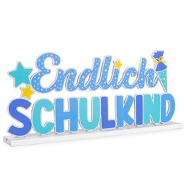 BETESSIN Table Decoration First Day of School Boy Blue - Finally School Child Wooden Lettering with Base - Table Decoration for First Day of School - School Introduction Decoration for Boys and Girls