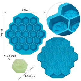 Zilphoba 2pcs Honeycomb Silicone Mold, Non-Stick 19 Cavities Bee Silicone Mold, Honey Comb Molds for Soap, Chocolate, Candy, Ice Cube, Cakes (Blue)