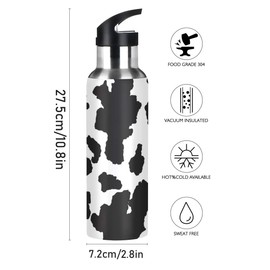 JUMBEAR Cow Patter Black White Print Water Bottle Acuum Insulated Stainless Steel Leakproof Wide Mouth Kettle with Straw Lid for Fitness Gym Outdoor Sports