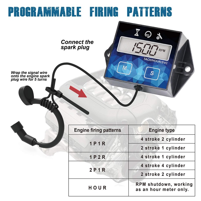 Runleader Small Engine Hour Meter, Digital Tachometer, Maintenance Reminder, Battery