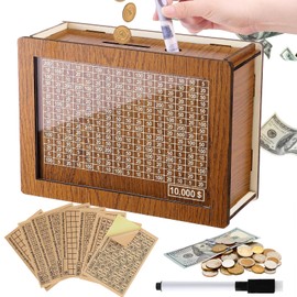 Savings Challenge Box- Cash Vault Wooden Savings Box 10000, Retro Cash Money Saving Box with Dry Erase Marker and 8 Savings Amounts Coin Cash Saver Money Box, Christmas Savings Gift for Adult Children