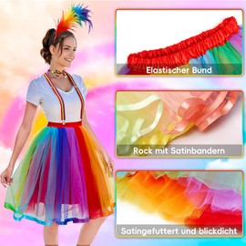 iLuane iLuane Regenbogen Kostüm Damen, Tüllrock Regenbogen Damen, faschingskostüme damen, karneval kostüm damen, Regenbogen Rock Damen Tüll mit Bunt Feder Stirnband für Karnevalspartys und Mottoparty
