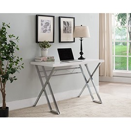 KB Designs - Modern Home Office Workstation Computer Desk, White/Chrome