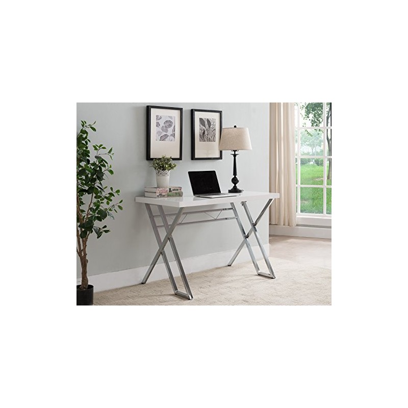 KB Designs - Modern Home Office Workstation Computer Desk, White/Chrome