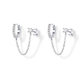 Round Cubic Zirconia Stud Earrings Hoop Cuff Double Piercing Earrings for Women Girls 925 Sterling Silver Threader Chain Dangle Huggie Hoop Earrings Crawler, Sterling Silver, Cubic Zirconia