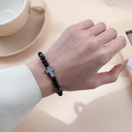 Crgwxzl 4PCS Cross Bead Bracelet for Men,6mm 8mm Tiger Eye, Black Obsidian Healing Crystal Beaded Bracelets,Natural Protection Stone Bracelets Jewelry Gifts for Men Women