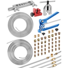 Turnirace 25 ft 3/16in &1/4in Zinc-Plated Brake Line Flaring Tool Kit, Includes 3-in-1 Tube Bender, Double & Single Flaring Tool Set, 1 Tube Cutter, 4 Threads Unions, 40 Fittings