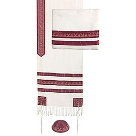 Yair Emanuel Maroon Stripes Embroidered Cotton Tallit Set with Kippah 20" W X 75" L