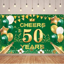 6X3.6FT Green Gold Cheers 50TH Years Banner Backdrop, Green Gold Happy 50th Birthday Decorations for Women Men Her Him Anniversary Photography Party Supplies.