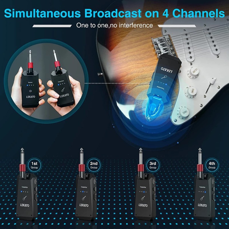 LEKATO 5.8G Wireless Guitar Transmitter Receiver System 4 Channels Rechargeable