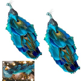 Glitter Blue Peacock Christmas Tree Ornaments with Clips 11inch Feathered Turquoise Peacock Long Tail Artificial Birds Hanging Decorations Xmas Gift Wedding Home Party Decor (2pcs, Blue)