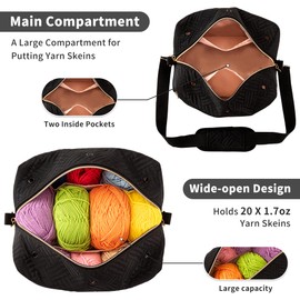 AGX Bravo Small Crochet Bag Organizer Knitting Bag Yarn Holder Storage Bag Crochet Hook Case for Women Crocheting Bags Organizer for 20x1.7oz Yarn Skeins and Crochet Knitting Accessories (Black)