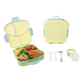 SAYAPE Bento Lunch Box - Toast-Shaped 4-Compartment Lunchable Food Container with Sauce Cup, Utensils & Brush, BPA-Free, Reusable Snack Container with lid, Ideal for Travel - Yellow