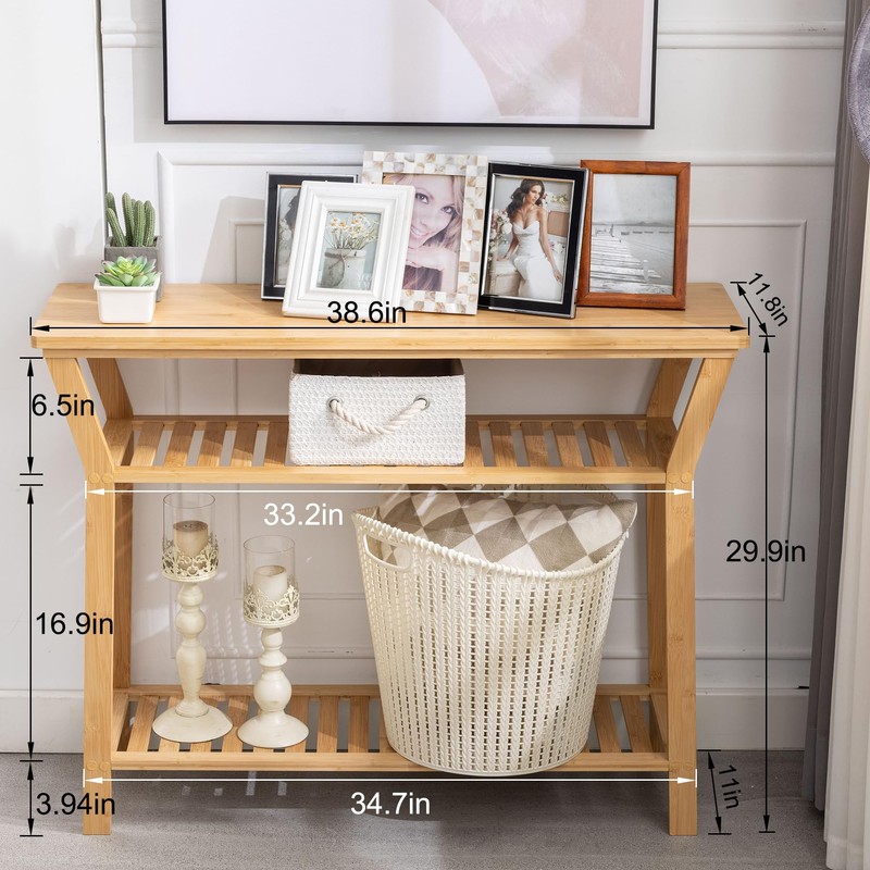 Nnewvante Bamboo Console Table Behind Couch, Entryway Table with Shelves,