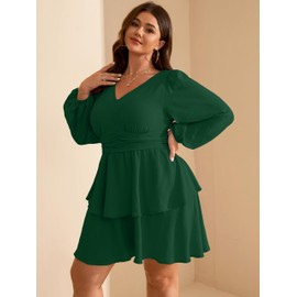 RWJ Plus Size Dresses for Curvy Women V Neck Long Sleeve Elastic Waist Fall Wedding Guest Layer Casual Mini Dress Green Large
