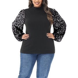 Anna-Kaci Women's Plus Size Sparkle Sequin Sweatshirt Mock Neck Pullover Long Sleeve Glitter Party Tops, Black and Silver, 1XL