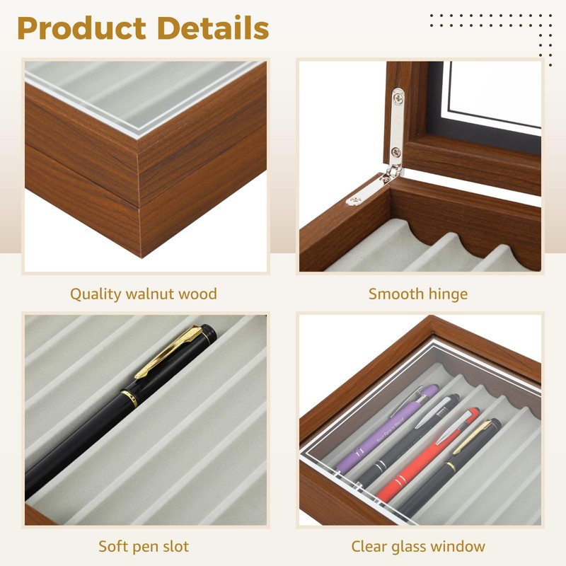 Pen Display Box, Elegant Walnut Fountain Pen Storage Case, 12