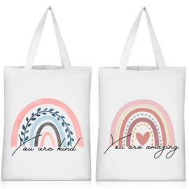 Sanwuta 2 Pcs Aesthetic Canvas Bag Inspirational Tote with Zipper Thank You Gift Bag for Women Teacher Reusable Canvas Bag(Boho Style,16" X 13")