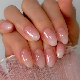 Pink White Press On Nails - Short Oval Fake Nails with Simple Designs, Ombre Translucent Glue, Glossy Daily Artificial Natural False Nails - Cute Stick On Nails for Women - 24 Pcs