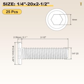 METALLIXITY Flat Head Hex Socket Cap Screws Bolts(1/4"-20x2-1/2) 25Pcs, 304 Stainless Steel Hex Socket Furniture Bolts Screws - for Furniture Woodworking Project, Silver Tone