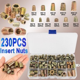 SNOKAY 230Pcs 11 Size M4/M5/M6/M8/M10 Metric Threaded Inserts Nuts Assortment Tool Kit Zinc Alloy Furniture Bolt Fastener Connector Hex Socket Screw Inserts for Wood Furniture Assortment
