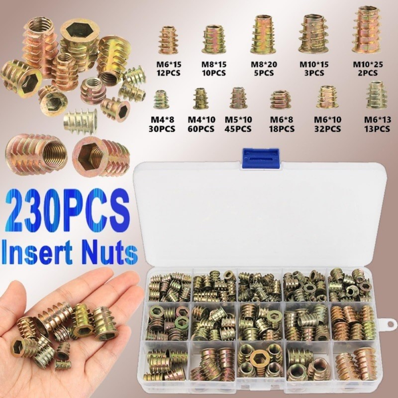 SNOKAY 230Pcs 11 Size M4/M5/M6/M8/M10 Metric Threaded Inserts Nuts Assortment