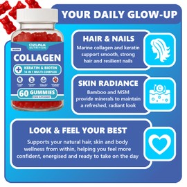 Marine Collagen Gummies with Keratin, Biotin & Bamboo | 14-in-1 Multi-Complex | Cranberry Flavour | 60 Gummies | Supports Hair, Skin, Nails & Joints