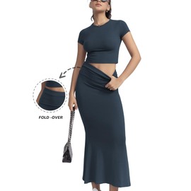 CHYRII Womens Two Piece Sets Short Sleeve Crewneck Cropped Top Bodycon Fold Over Maxi Skirt Maxi Dress Outfits Navy S
