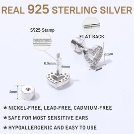 VALDEAS Heart 925 Sterling Silver Flat Back Studs Screw Back Earrings White Gold Plated CZ Cross Lightning Snake Butterfly Tragus Helix Nap Flatback Stud Earrings Piercing Earring for Women