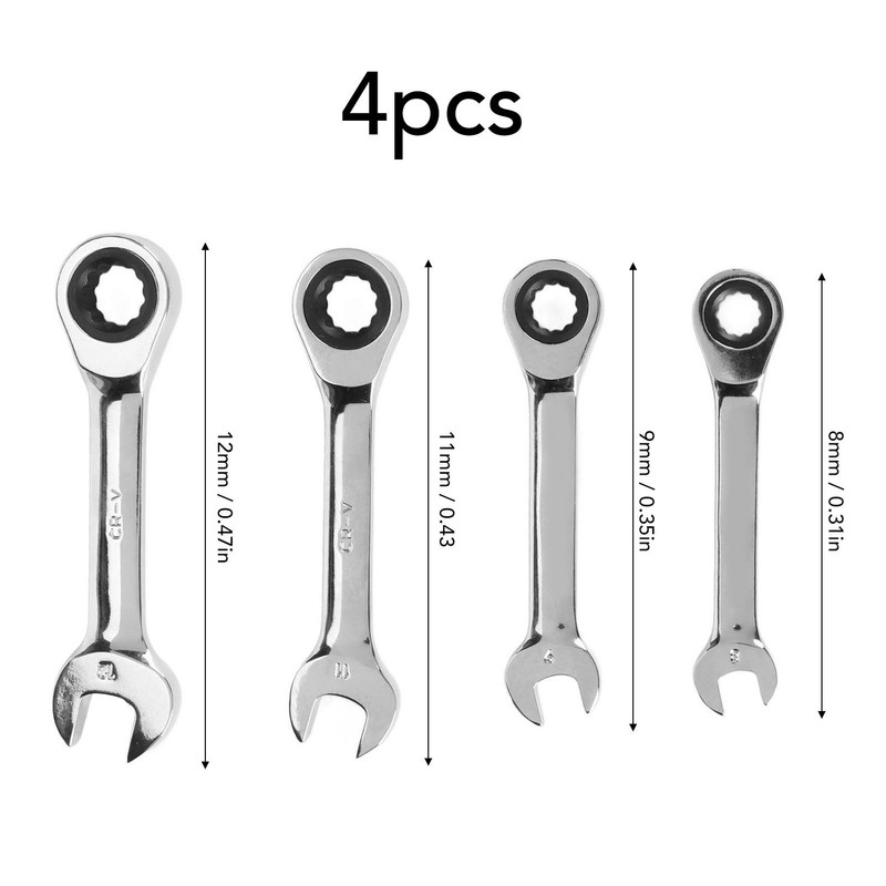 4pcs Short Ratcheting Wrench Set 72 Tooth 8mm 9mm 11mm