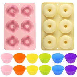 Molde para donas, 2 moldes de silicona para rosquillas, con 12 moldes de silicona para cupcakes, Moldes de silicona antiadherentes reutilizables de grado alimenticio para hornear, sin BPA (amarillo)