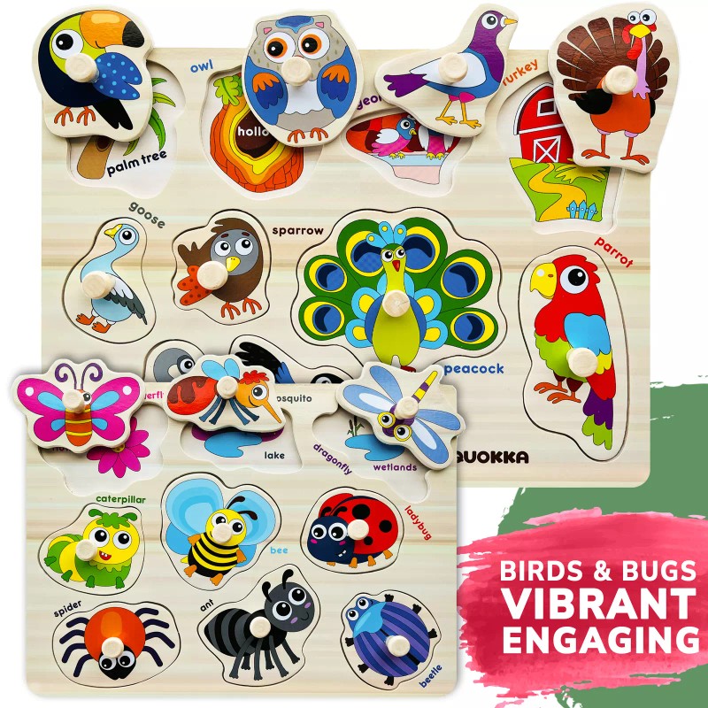 QUOKKA Wooden Puzzles for Toddlers 1-3 | 6 Pack with