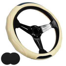 Car Steering Wheel Cover with Cup Coasters, Universal 15 inch Leather Carbon Fiber Steering Wheel Covers Comfort Grip Breathable Anti-Slip Steering Wheel Accessories for SUV Truck Van Auto - Beige
